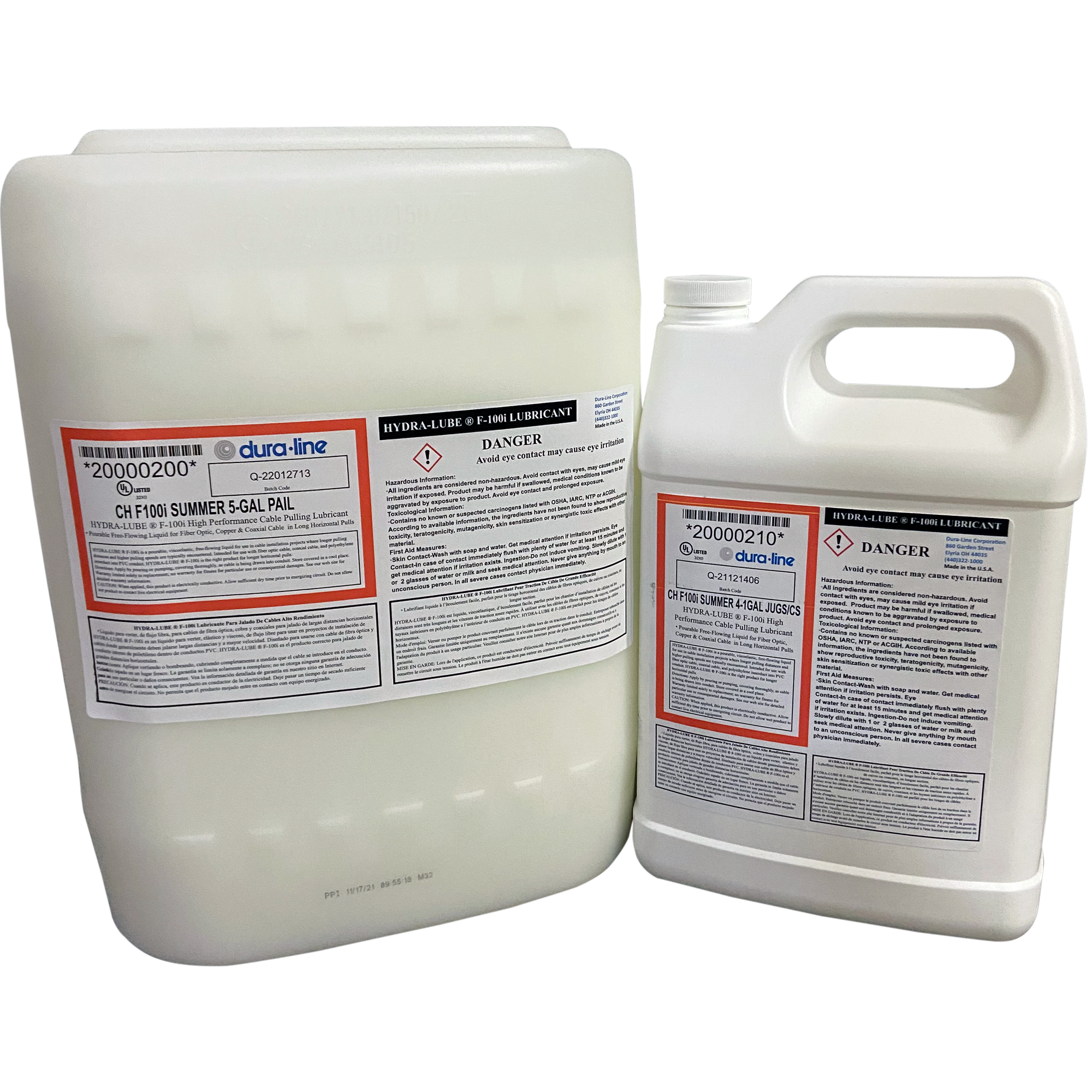 HydraLube® F-100i incorporates new lubricant technology to create a high-performance, water-based pourable lubricant formulated for many applications, such as fiber optic, coaxial, 600 V and higher voltage-rated cables. It is designed to meet or exceed all cable pulling requirements with respect to viscosity, cling, drag, wetting, operational temperature range and reduction of pulling tension. Lubricant application systems are available. 