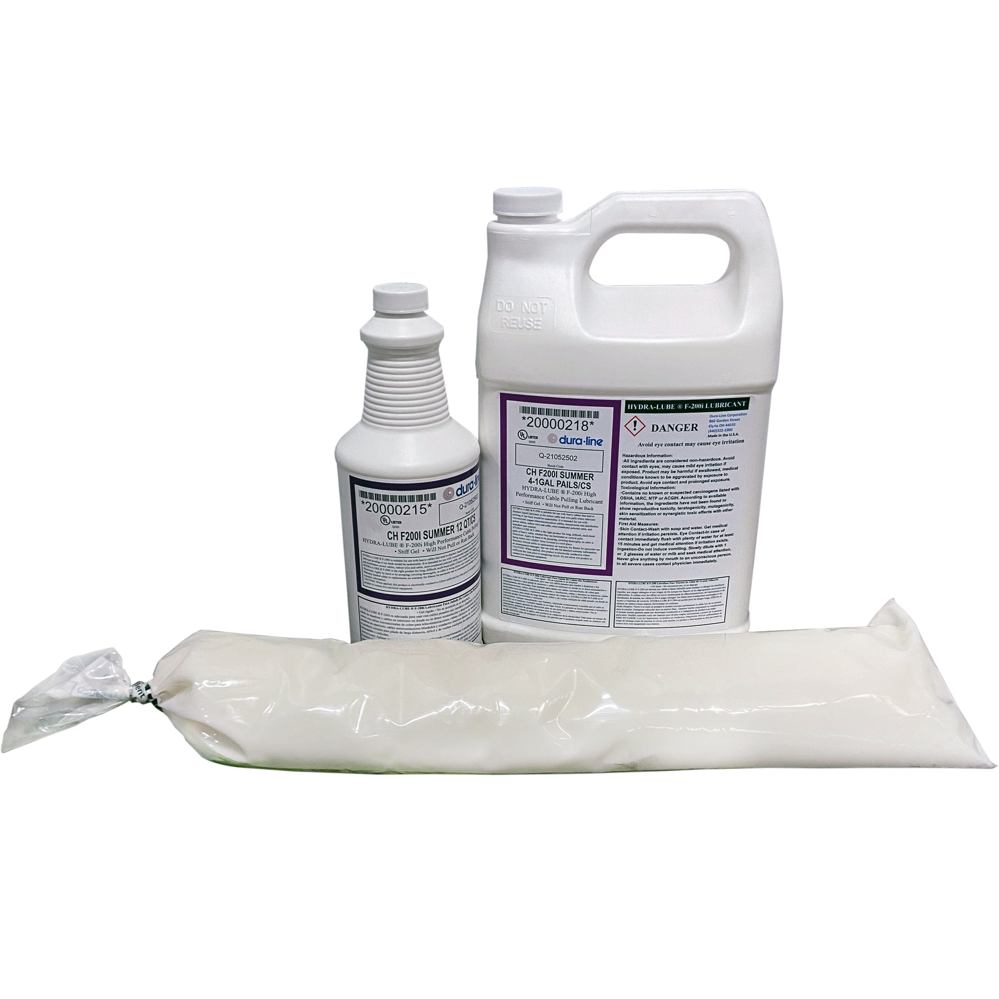 HydraLube® F-200i incorporates new lubricant technology to create a high-performance, water-based gel lubricant formulated for many difficult applications, such as 600 V and higher voltage-rated cables. F200i is designed to meet or exceed all cable pulling requirements with respect to viscosity, cling, drag, wetting, operational temperature range and reduction of pulling tension. Lubricant application systems are available. 