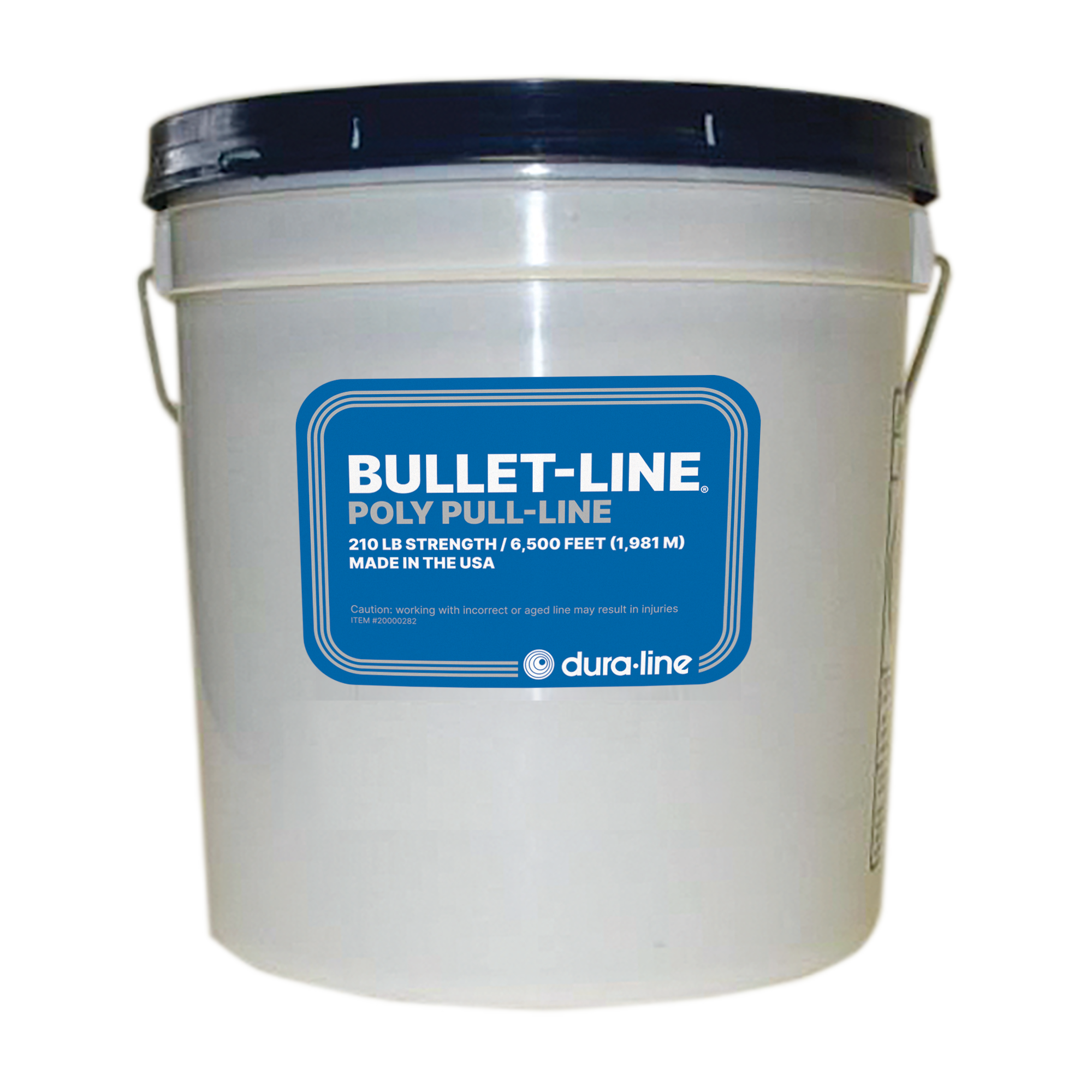 Bullet-Line® is a light poly line used in blowing and pulling applications. The line is rated at 210 lbs. breaking strength and is contained in a plastic dispenser pail. Each pail contains 6,500’ (1,981m) of line.